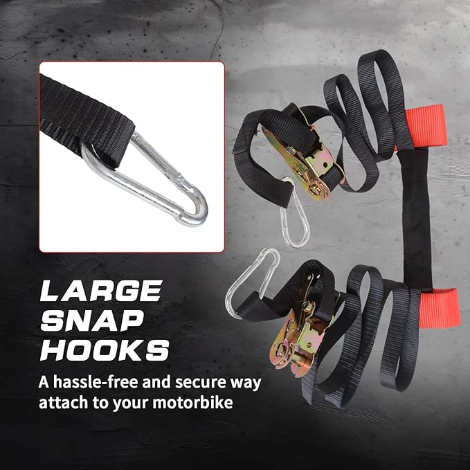 MOTO4U Motorcycle Tie Down Bundle, 1PK Rear Wheel Tie Down Strap with Ratchets & J Hooks, 1PK Handlebar Tie Down Straps with Ratchets & Snap Hooks, Black & Red