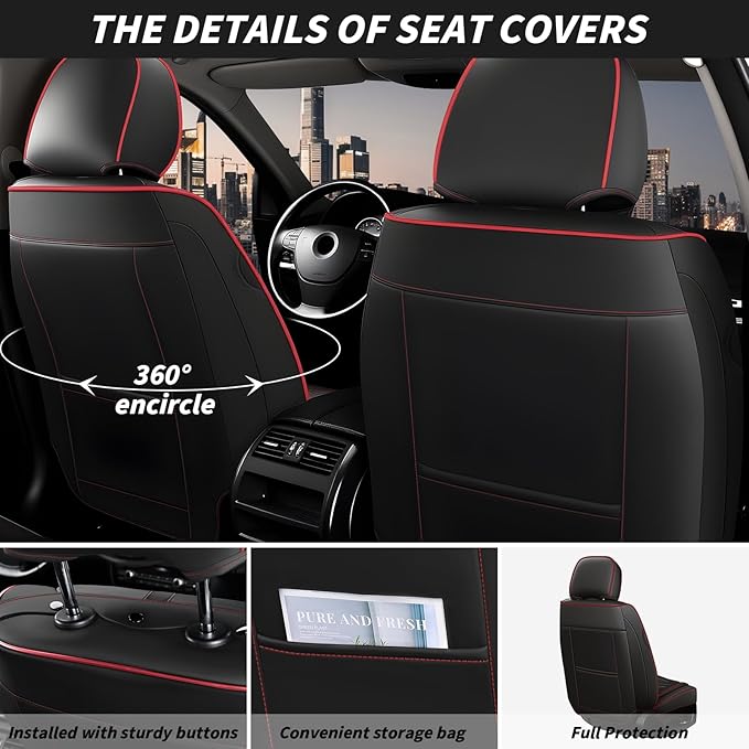 Arazi Fit for 98% of Mazda Seat Covers, 360° Full Wrap Original Seat Cover, Waterproof Nappa Leather Seat Covers with Big Space Storage Pocket Seat Protector（5 Seats Luxury, Black&Red Line）