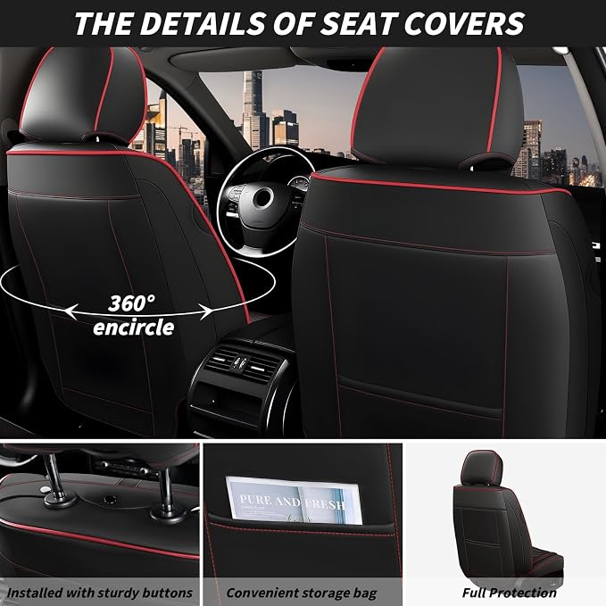 Arazi Fit for 98% of Mazda Seat Covers, 360° Full Wrap Original Seat Cover, Waterproof Nappa Leather Seat Covers with Big Space Storage Pocket Seat Protector（2 Seats Standard, Black&Red Line）