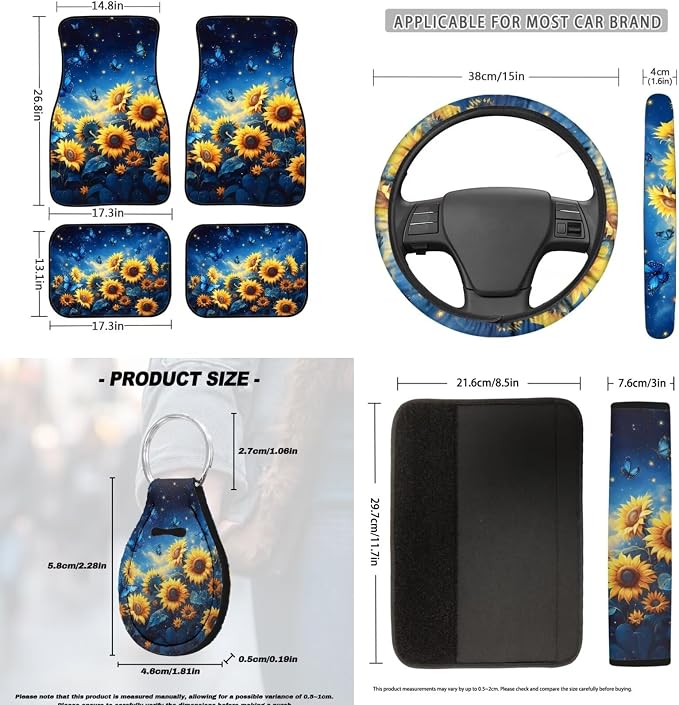 Sunflower Butterfly Print Car Seat Covers Car Floor Mats Steering Wheel Cover Armrest Pad Seat Belt Pads Roof Handle Wraps Cup Coasters Keychains Auto Interior Accessories Set of 18