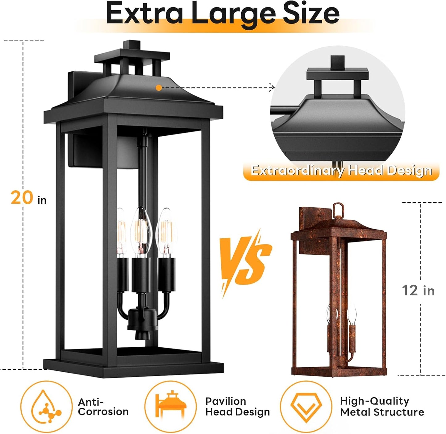 Large Outdoor Light 3-Light 20" Black Exterior Lighting Fixture, Modern Outside Wall Mounted Porch Sconce, Waterproof Patio Garage Garden Carriage Lantern Lamp for House E12, 1-Pack