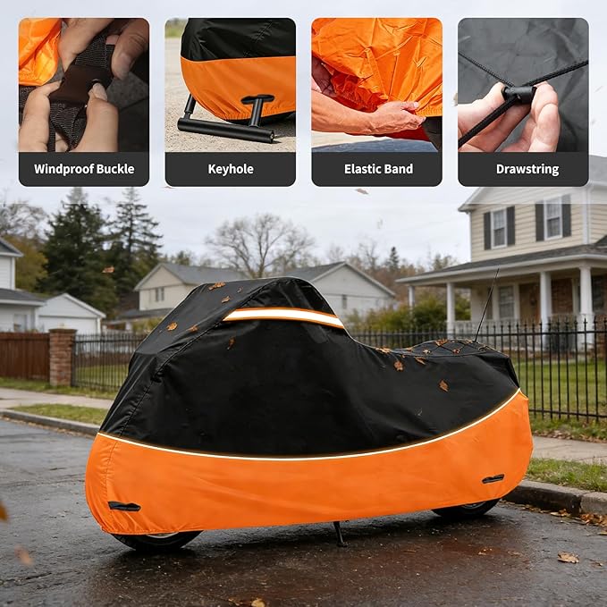 Heavy Duty Motorcycle Cover Waterproof Outdoor Storage - Road King Glide Street Glide Heritage Classic for Low Riders and Most Motorcycles(Black&Orange)