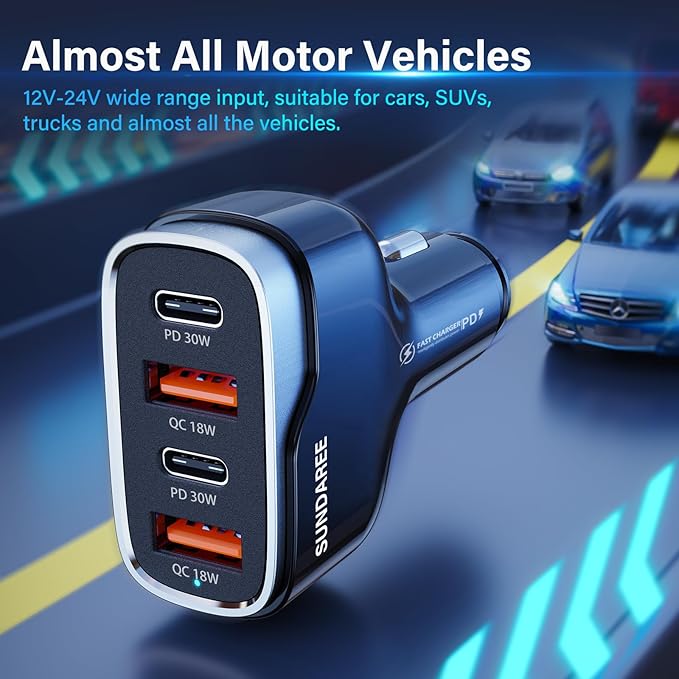 Car Phone Charger, SUNDAREE 60W 4 Ports USB c Car Charger Fast Charging Cigarette Lighter Adapter, Dual QC 3.0 18W & PD 30W Charger Compatible with iPhone 14 13 12 11 Pro, Samsung