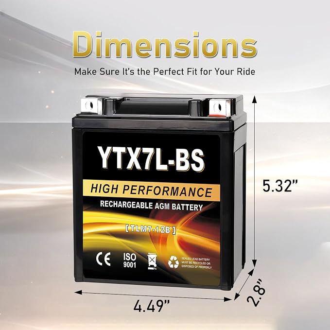 YTX7L-BS 12V 7Ah AGM Sealed Motorcycle Battery, Maintenance-Free, Compatible with Honda Kawasaki Suzuki Yamaha 4 Wheeler ATV Scooter
