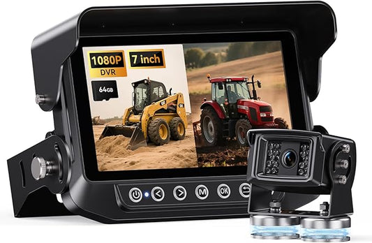 Skid Steer Backup Camera Dual-View 7 Inch 1080p HD, Magnetic Camera, and DVR Recorder for Farm Tractor Trucks, RVs, Trailers, and Farm Heavy Equipment