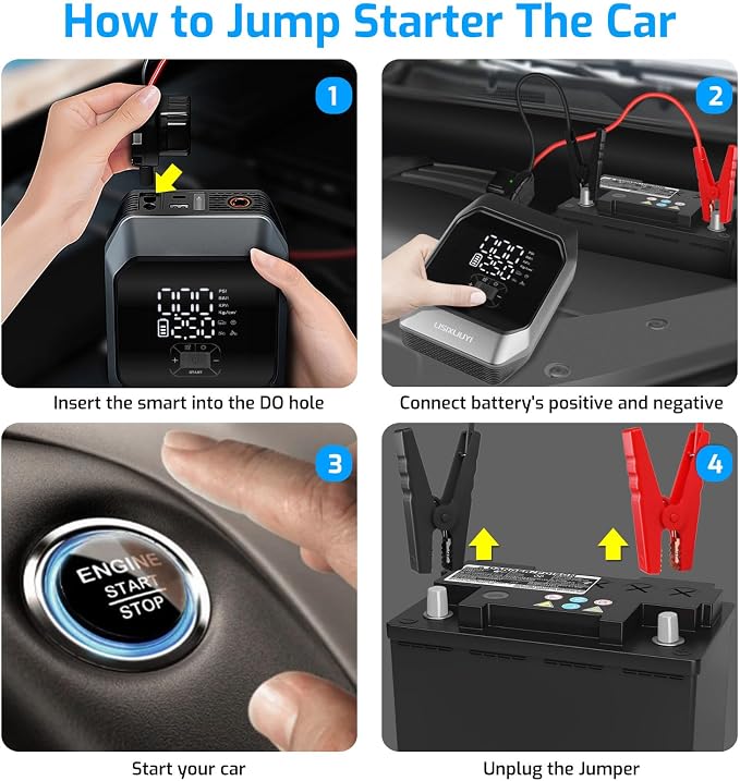 Car Jump Starter with Air Compressor 1000A Peak Auto Battery Booster Pack | 12V Jump Box Portable Smart Battery Charger Tire Inflator 160PSI for Car (3.5L Gas / 4.0L Diesel)