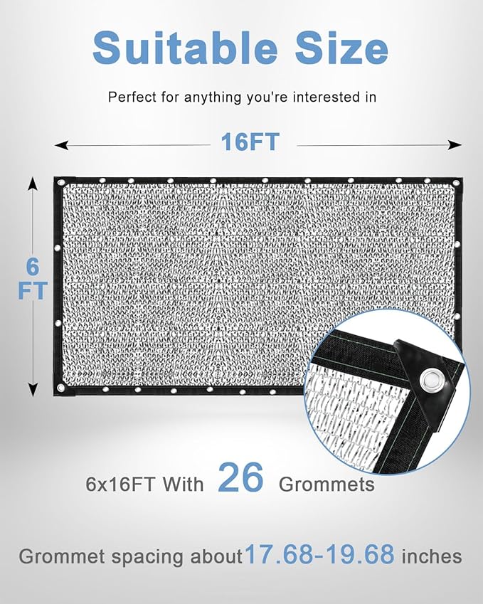 vensovo 50% Aluminum Shade Cloth - Reflective Aluminium Shade Netting Sun Shade Cover with Grommets for Cars, Dogs, Outdoor, RV, Patio (6x16FT)