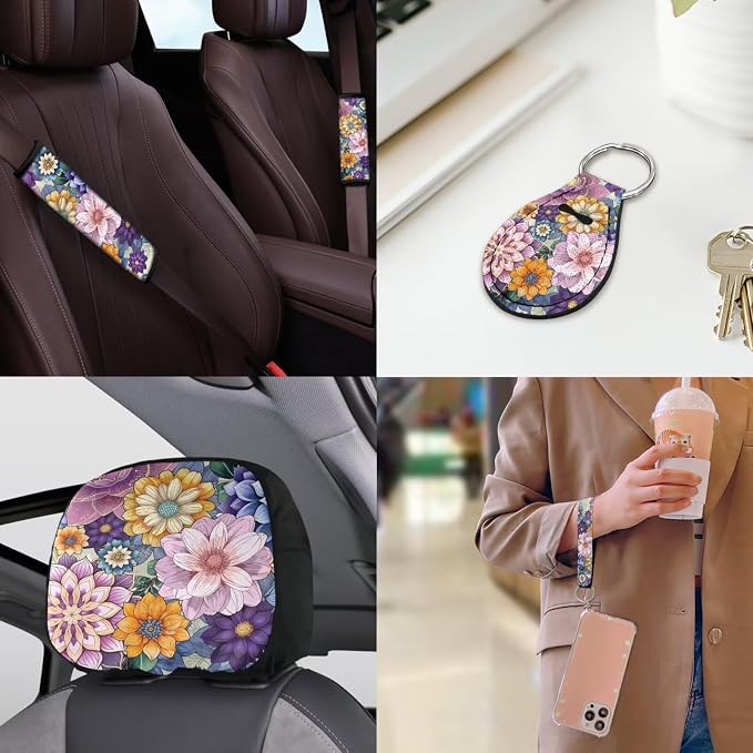 18 Pcs Car Seat Covers Full Sets Mandala Lotus Car Interior Accessories Sets with Hippie Print Steering Wheel Cover Car Headrest Covers Car Trash Can Car Seat Belt Pads Cover for Women