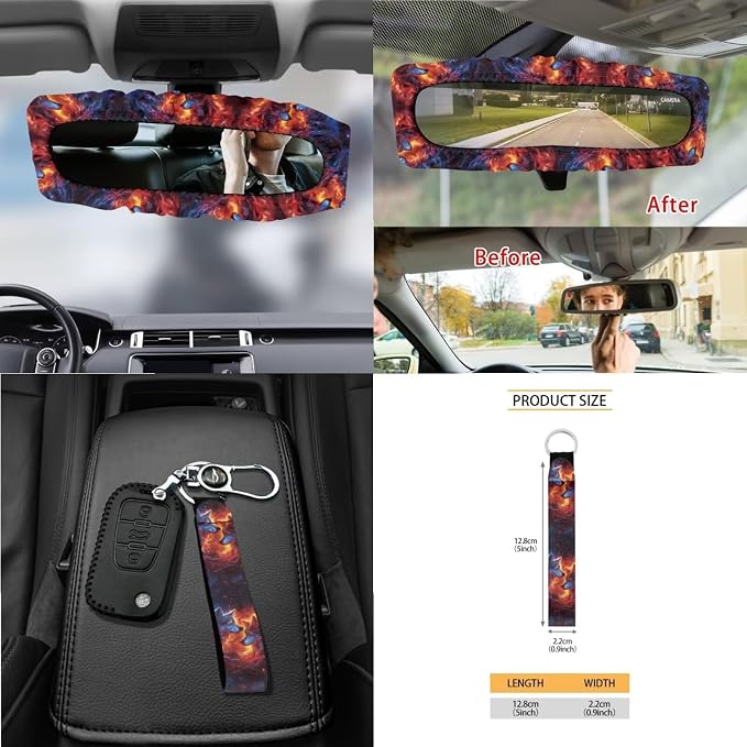 Fire Wolf Galaxy Print Car Seat Cover Sets Car Steering Wheel Cover Seat Belt Cover Trash Bin Air Vent Storage Box Front Rear View Mirror Car Cup Holder Keychain 15Pcs Car Accessories