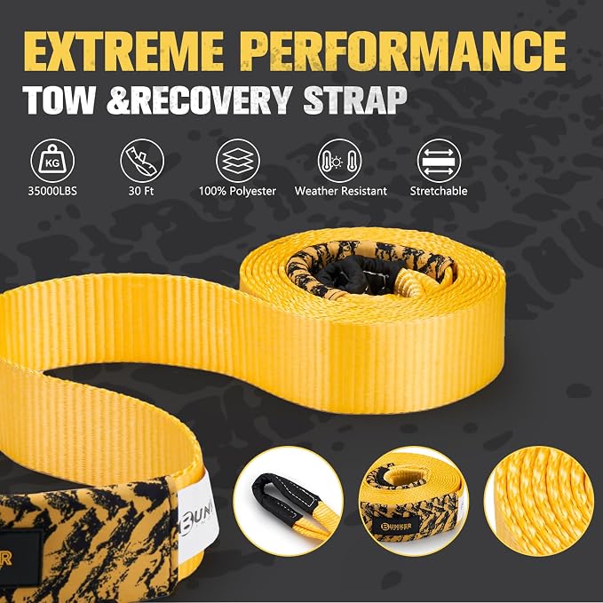 BUNKER INDUST 3" x 30ft Heavy Duty Tow Strap with Bag Recovery Kit +3/4" D Ring Shackle with 7/8" Pin