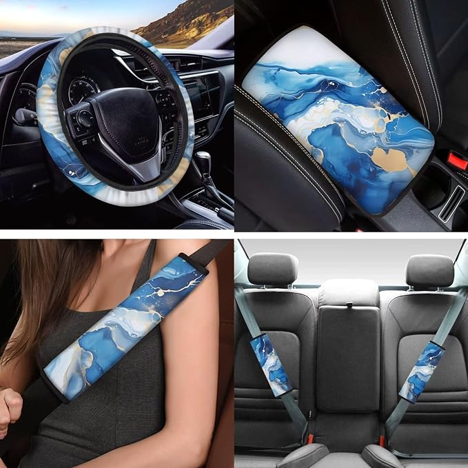 12 Pcs Blue Marble Automotive Seat Cover Interior Set with Marble Steering Wheel Cover Elastic,Cup Holder Coaster,Car Keychain,Seat Belt Cushion,Armrest Pad Universal Fit Cars