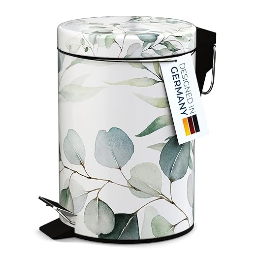 Sanilo Small Bathroom Trash Can with Lid [1.3 Gallon] - Lidded Tiny Trashcan for Garbage - Mini Metal Bin with Soft Closing Mechanism - Bath Room Accessoire Wastebin with Inner Bucket (Eucalyptus)