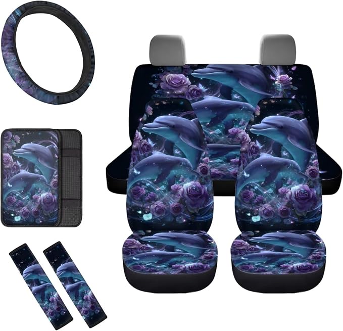 Purple Rose Dolphin Car Seat Covers Full Set 8 Pcs Car Accessories for Women Front Seat Cover Steering Wheel Armrest Cover Seat Belt Cover for Auto SUV Interior Decoration