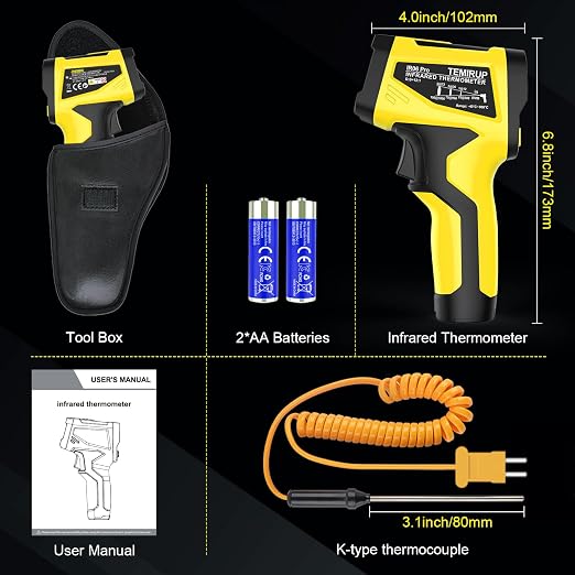 Infrared Thermometer Gun, TEMIRUP Digital Laser Thermometrer Temperature Gun with Probe, -40°F to 1472°F, IR Temp Gun with Color LCD for Cooking, Pizza Oven, Griddle Grill, Adjustable Emissivity