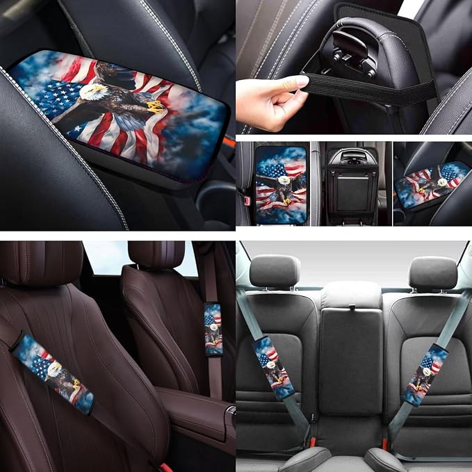 Eagle Flag 12 Pcs Car Seat Covers Full Set with Auto Steering Wheel Cover Armrest Cushion Protector Seat Belt Covers Automotive Interior Sets Universal Fit for Cars SUV