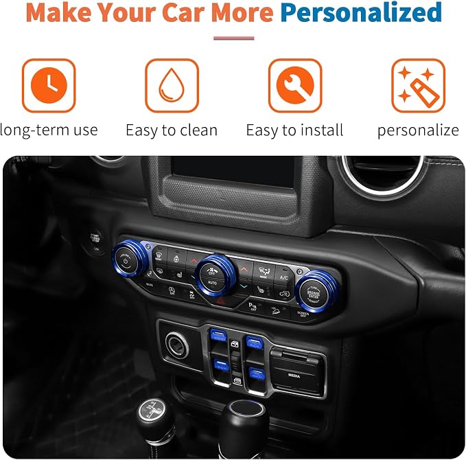 JeCar for Jeep Wrangler JL & Gladiator JT Window Switch Button Knob Cover Trim Kit, Blue Aluminum Interior Decoration Accessories (2018–2024 2025+), 8pcs