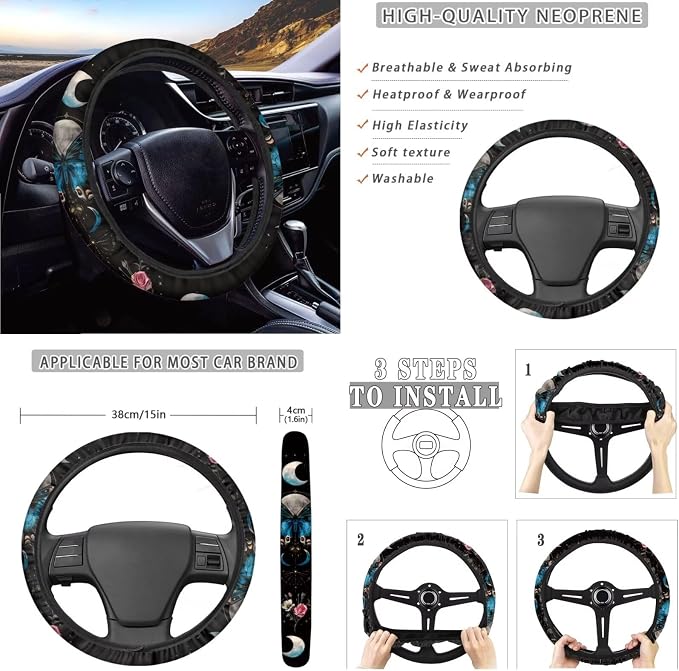 Butterfly Moon Daisy Rose Print Car Accessories Set of 10 Front and Back Seat Covers Cup Coasters Car Trash Bin Steering Wheel Cover Keychain Air Vent Storage Bag Univeral Fit