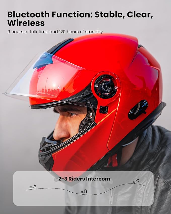 ILM 159BT Bluetooth Modular Motorcycle Helmet 2-3 Riders Intercom Full Face Flip up Casco DOT with Face Mask (Red, L)