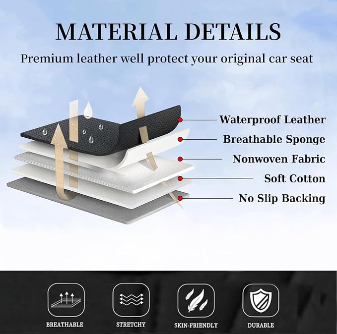 Coverado Car Seat Cover Front Seat, Gray Seat Covers Front Seats, Nappa Leather Waterproof, Car Seat Cushion, Car Seat Protector Universal Fit Most Cars