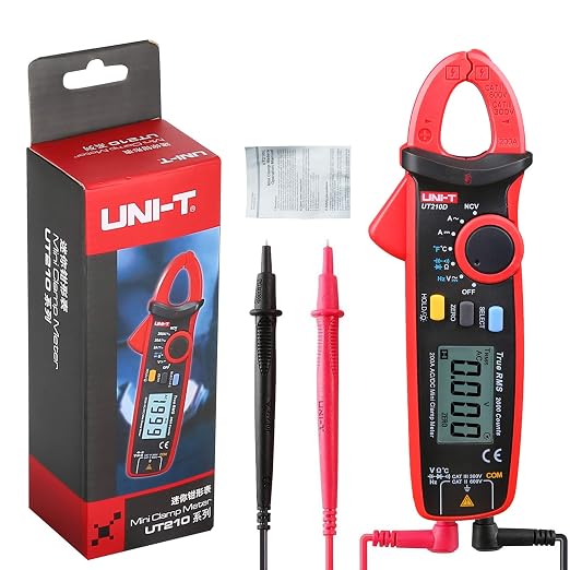 UNI-T UT210D Mini Digital Clamp Meter 200A AC DC Current True RMS Pliers Ammeter Voltage Frequency Temperature Tester Multimeter with Alligator Clip, Red&Black