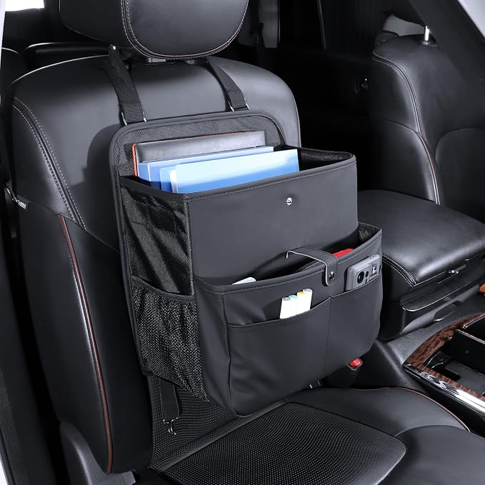 TAIKOO Front Seat Car Organizer Passenger Seat Organizer for Car Truck SUV | Leather Car Seat Organizer with Large 13.8" Pocket for Laptop Tablet File Folder, Hanging Backseat Storage for Vehicle