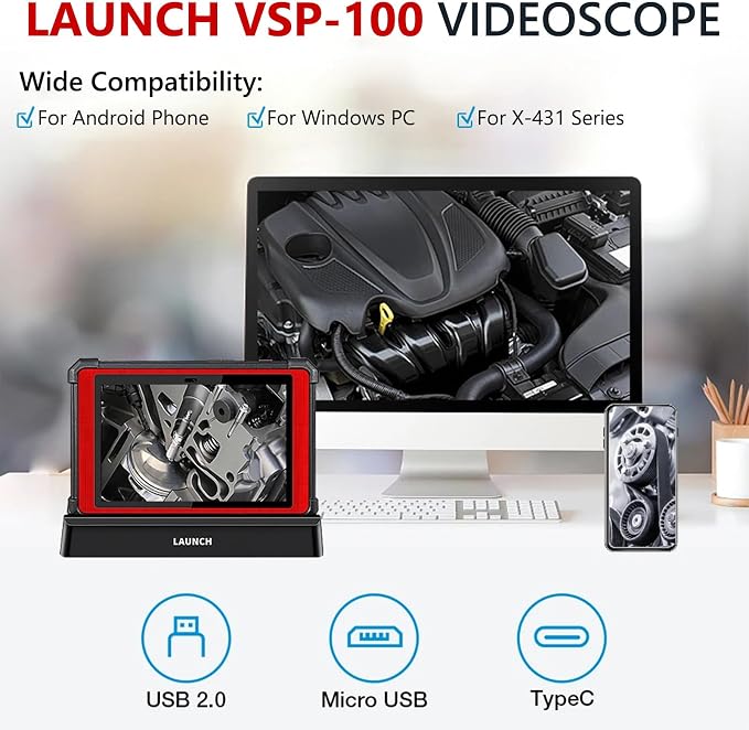 LAUNCH X-431 VSP-100 Endoscope Work with X-431 Tablet 5.5mm Ultra-Thin Digital HD USB Video Inspection Camera Multi-Angle Imaging One-Click Snapshot IP67 Waterproof Borescope Videoscope