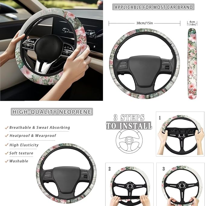 Spring Floral Hummingbird 15 PCS Car Seat Cover Set with Auto Steering Wheel Cover Seat Belt Strap Protector Cup Holder Trash Bag Rear View Mirror Protector Keychain
