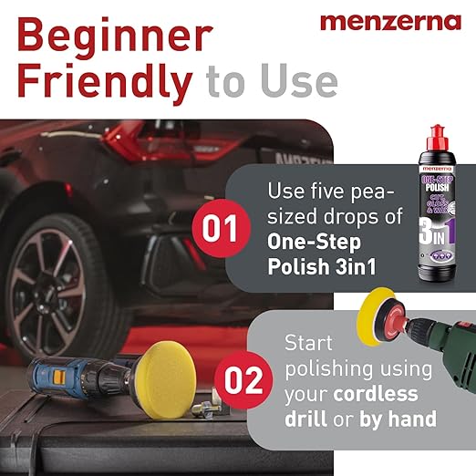 menzerna 3in1 Polishing Set – One-Step Polish (8oz) + Drill Machine Adapter + Medium Cut Pad | Polish Your Car with a Cordless Drill