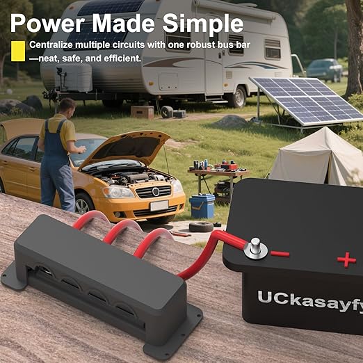 600A Bus Bar 12V Power Distribution Block with 3/8" (M10) 4-Posts Heavy Duty Terminals Block with Cover for Automotive, Marine, Battery System (Black)