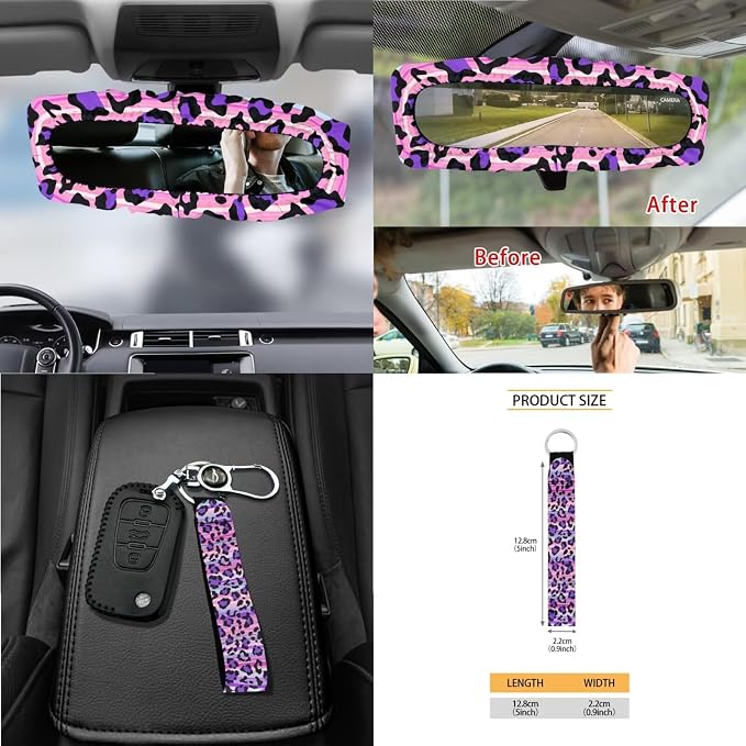 Leopard Print Car Accessories Seat Covers Full Set of 15, Soft Comfy Front and Rear Seat Cover with Safety Belt Pads Steering Wheel Cover Trash Can Car Air Vent Organizer