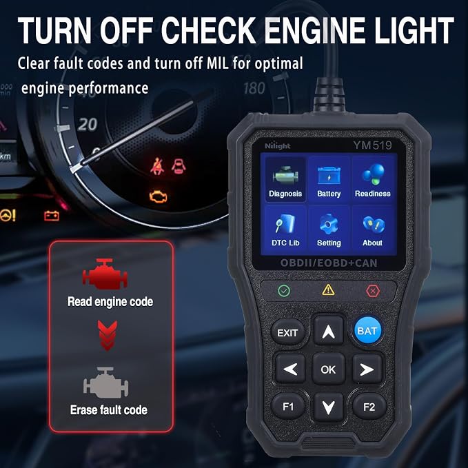 Nilight YM519 2.8” Large Screen OBD2 Scanner - Enhanced Automotive Computer Diagnostic Tool - Car Code Reader for Engine Faults, I/M Readiness & Emission Test for All OBD II Protocol Cars