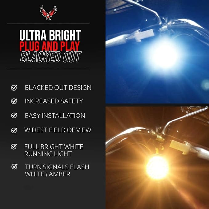 Eagle Lights Generation II Midnight Edition Front 2 Inch LED Turn Signals with White Running Lights Compatible with Harley Davidson Motorcycles - Includes Clear Lenses / 1157 Base