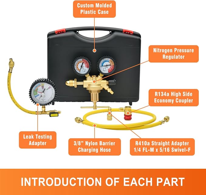 CAMPFIRE Nitrogen Pressure Regulator Kit, Automotive/HVAC Leak Testing Tool Set with CGA580 Inlet, Includes 1/4" FL-M Leak Test Adapter, 38" High Pressure Hose, R134a R410A Adapters for A/C Systems