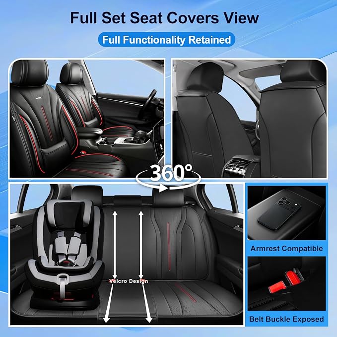 Fit Encore GX Car Seat Covers for Select Buick Encore GX 2020-2026 - Full Coverage Leather, Airbag Compatible, Waterproof & All Weather Seat Cushion Protector, Full Set, Black with Red Trim