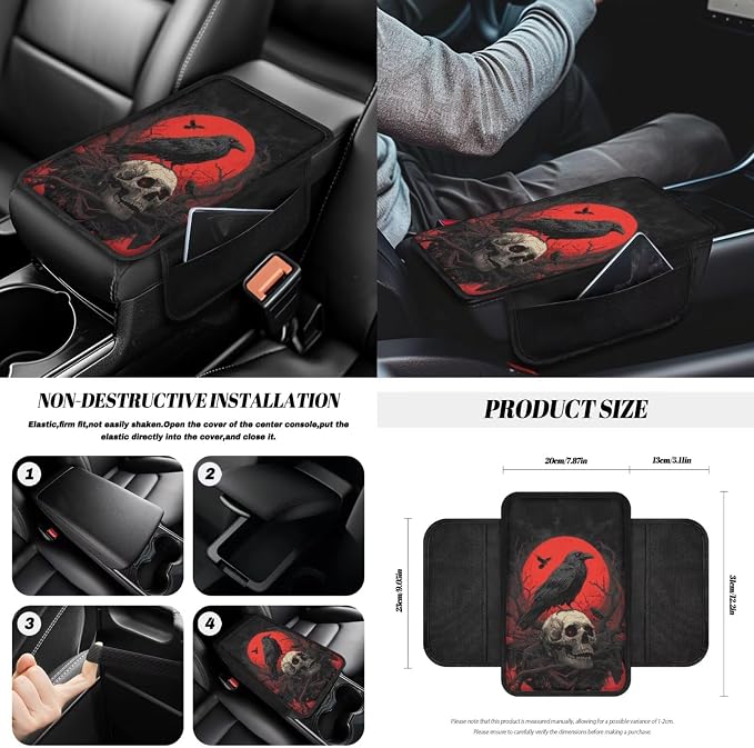 Crow Skull Print Full Set Car Seat Covers with Steering Wheel Cover Armrest Cushion Safety Belt Pads Car Rearview Mirror Cover Gear Shift Knob and Handbrake Covers Trash Bag