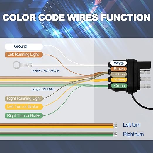 32FT Trailer Wiring Harness Kit, 4 Pin 5 Wire Trailer Wiring Harness, Boat Trailer Wiring Harness, 5 Wire 4 Pin Flat Trailer Connector, for Connection of Tail Lights, Brake Lights and Turn Signals