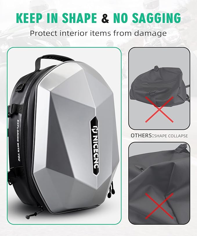 NICECNC Motorcycle ATV Helmet Backpack Hardshell, 38L Large Capacity Motorcycle ATV Rear Seat bag Tail Bag Expandable Helmet Storage Bag Travel Luggage Bag for Riding Camping Hiking, 8 Straps, Black