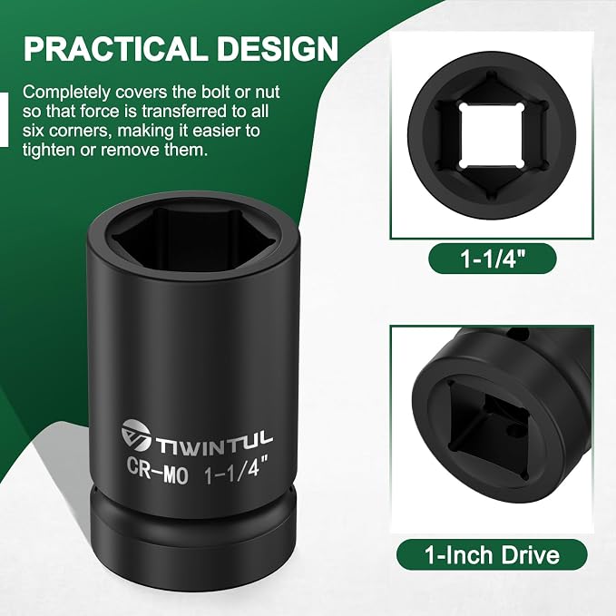 1-1/4” Impact Socket 1" Drive for Semi-Truck & Heavy Equipment | 6 Point Design, CR-MO, ANSI Certified, Heavy Duty Socket 1 Inch Drive for Mining & Construction, Farm Equipment Maintenance