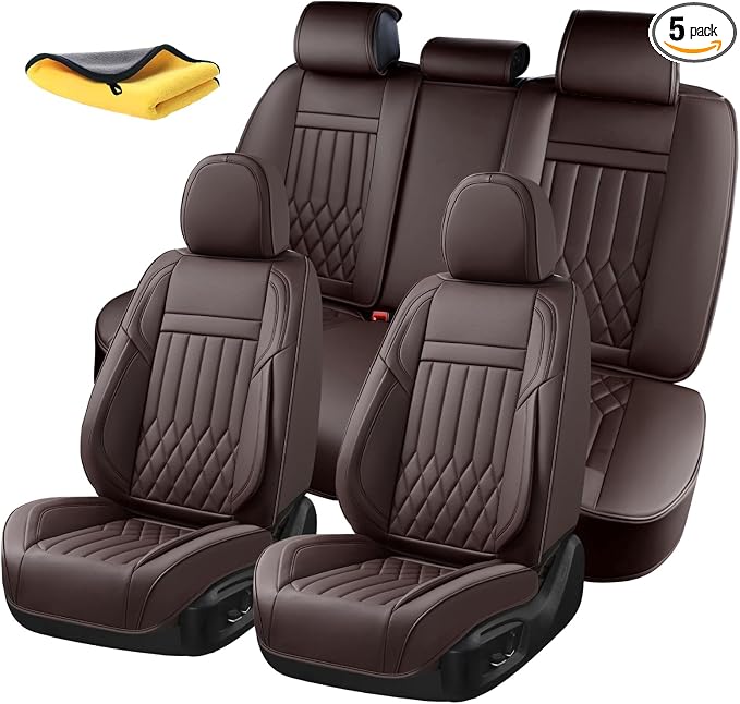 Premium Nappa Leather Car Seat Covers Full Set, Universal Fit for Most Sedans, SUVs - Waterproof & Breathable, Compatible with Honda Civic, Toyota Corolla, Jeep Cherokee/ 5-Seater, Luxury Brown