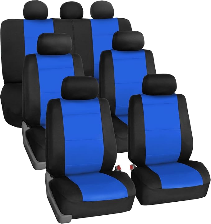 FH Group Car Seat Covers Three-Row 7 Seater Neoprene Waterproof Car Full Set Seat Covers, Airbag Ready and Split - Fit Most Car, Truck, SUVs, & Vans (Blue/Black)