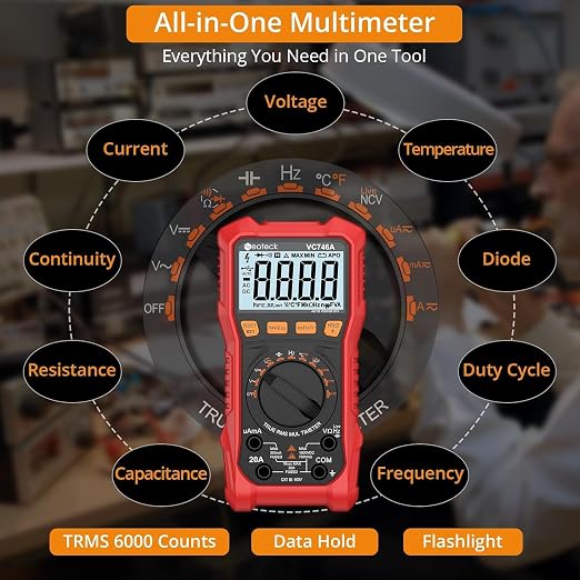 Neoteck 6000 Counts Digital Multimeter for DC AC Voltage/Current TRMS Voltmeter with Test Probe Auto Range Multimeter with NCV Live for Temperature Capacitance Resistance Diode Continuity Red