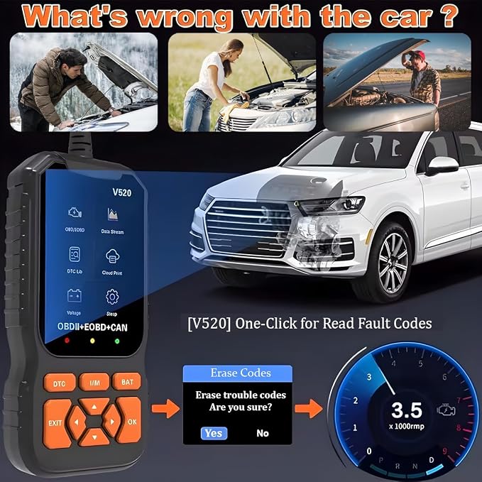 OBD2 Car Scanner Diagnostic Tool, V520 Vehicle OBDII Code Reader | Pc material, enhanced automotive fault code reader scanner accessories, universal for most vehicles after 1996
