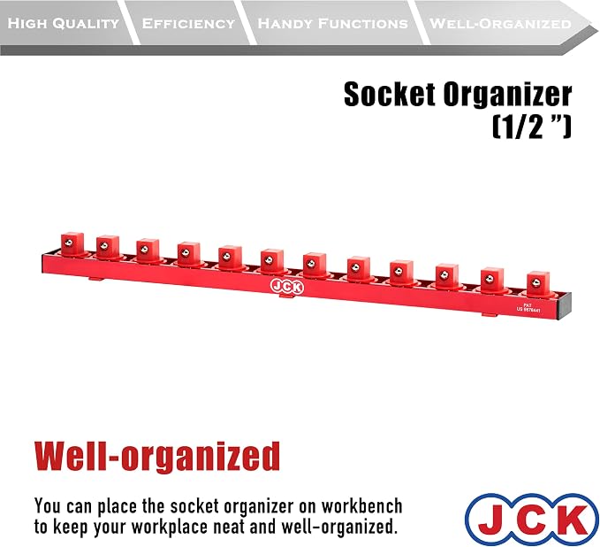 JCK Professional Quality Aluminum Socket Organizer (1/2" Socket) with special designed strip & 360 degree rotary positioning studs Red for Metric/Imperial tool Organizer secure socket storage toolbox