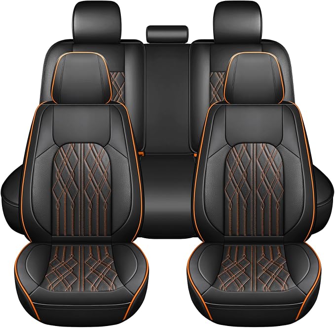 Huidasource Automotive Seat Covers, Leather Seat Cover Universal Fit for Most Cars Sedans SUVs Trucks, Airbag Compatible, Cup Holder Access, Easy Install, Wipes Clean, Wear-Resistant, Black&Orange