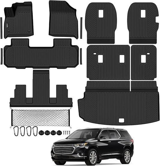 Tongama-Floor Mats for 2018-2023 Chevy Traverse 7 Seat with Bucket Seats, All Weather TPE Trunk Mat & 2nd/3rd Row Backrest Mats & Cargo Net & Door Sill Guards for Traverse Floor Liner Accessories
