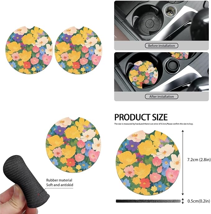 13 Pack Rainbow Wild Flower Car Seat Covers, Colorful Wildflowers Steering Wheel Cover Seat Belt Pads, Abstract Floral Geometric Auto Front and Rear Bench Seat Cover