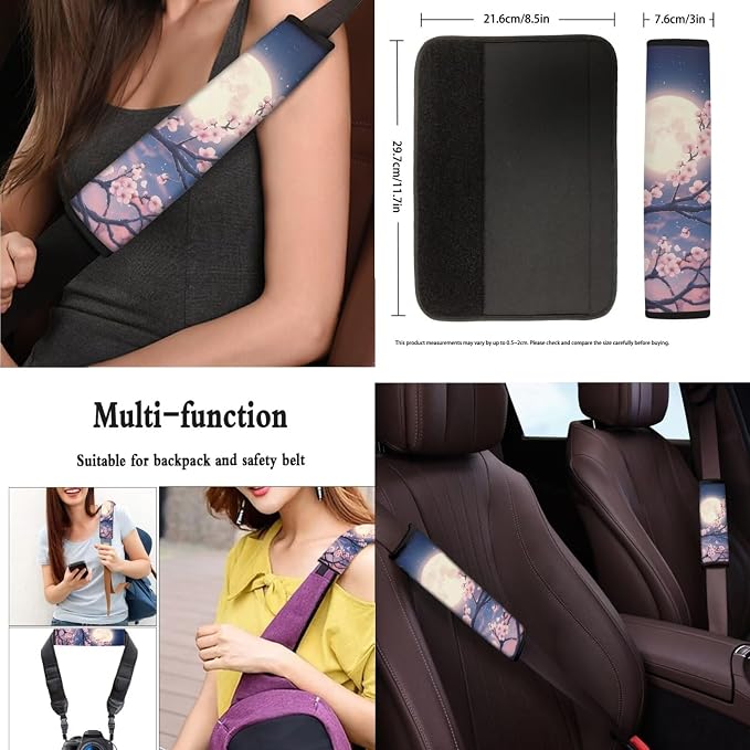 Cherry Blossom 13 Pcs Pattern Car Seat Covers Classical Pink Cherry Blossom Set Steering Wheel Cover Cup Coasters Moon Aesthetics Trucks Sedan SUV Cover Armrest Cushion Pad