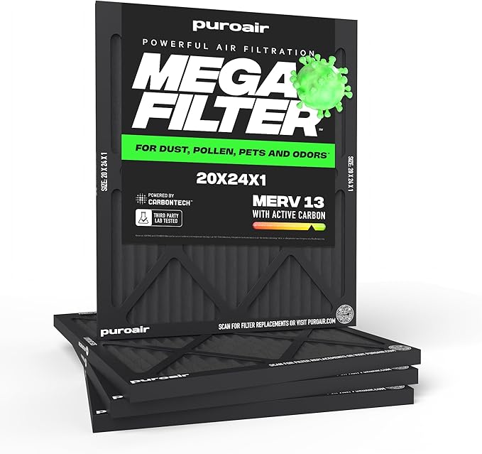 PuroAir MegaFilter - 20x24x1 Air Filter MERV 13 Activated CarbonTech Defense - Heavy Duty 3 Layer Furnace Filters Allergens, Pollen, Dust, Pet Dander, Smoke, Odors - HVAC Air Filter 20x24x1 (4-Pack)