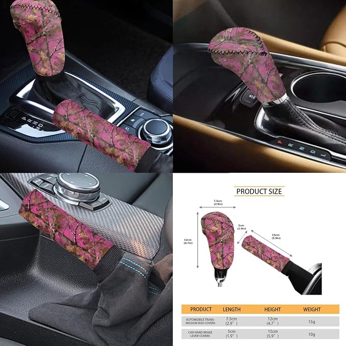 KEIAHUAN Pink Camo Hunting Car Seat Cover Full Set 11 Pieces Front & Back Seat Covers with Handbrake and Gear Shift Knob Cover, Headrest Cover, Coasters, Non-Slip Car Steering Wheel Cover, Coasters