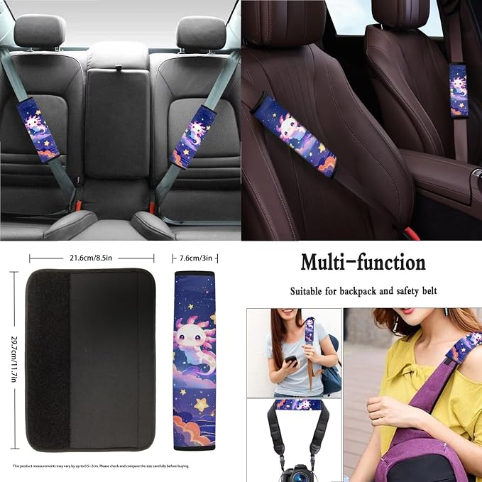 Xoenoiee Cute Axolotl Galaxy Print 11 Pcs Car Accessories with Front & Rear Auto Seats Covers, Steering Wheel Cover, Seat Belt Pads, Cup Coaster, 2 Pcs Keyrings - Universal Fit